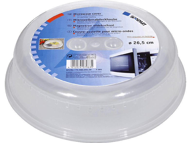 Couvercle de micro-ondes en plastique transparent avec étiquette avec texte et image micro-ondes.