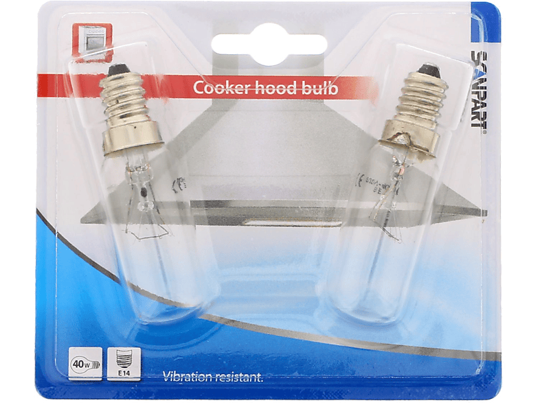 Paquet de deux ampoules de hotte aspirante dans un blister transparent.