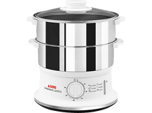 Charger l'image dans la galerie, Un cuiseur vapeur SEB blanc à deux niveaux et un couvercle en verre, affichant le temps et le réglage.