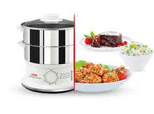 Charger l'image dans la galerie, Un cuiseur vapeur avec des aliments cuits: gâteau au chocolat, riz et boulettes de viande.