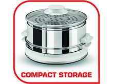 Charger l'image dans la galerie, Cuiseur vapeur, acier inoxydable, avec couvercle en verre et base blanche, bordure et texte rouges.