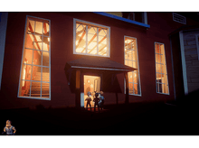 Charger l'image dans la galerie, Trois personnages approchant une maison rouge avec de grandes fenêtres. Environnement sombre.