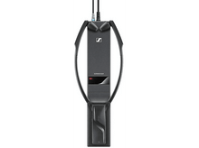 Charger l'image dans la galerie, Appareil auditif Sennheiser noir avec socle de chargement, écouteurs et indicateur de batterie.