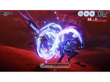 Charger l'image dans la galerie, Un personnage de jeu vidéo affronte un grand monstre. Les couleurs violettes et rouges vives dominent.