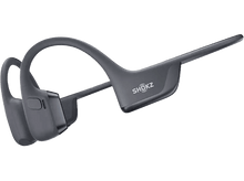 Charger l'image dans la galerie, Casque à conduction osseuse gris foncé sur fond noir, avec un design incurvé et une marque.