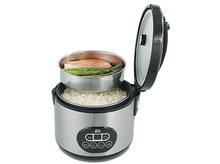 Charger l'image dans la galerie, Cuiseur à riz en acier inoxydable avec couvercle ouvert et panier vapeur avec aliments.