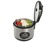 Charger l'image dans la galerie, Un cuiseur vapeur argenté avec le couvercle ouvert, montrant des légumes à l'intérieur. Il y a des boutons et un écran.