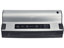 Charger l'image dans la galerie, Scelleuse alimentaire argentée et noire avec panneau de commande, base noire et fond blanc.