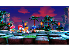 Charger l'image dans la galerie, Sonic et ses amis dans une scène de jeu. Personnages sur une plateforme avec des palmiers.