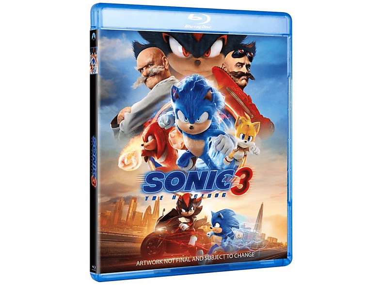 Couverture Blu-ray de Sonic the Hedgehog 3, avec Sonic, Shadow et d'autres personnages sur un fond de ville.