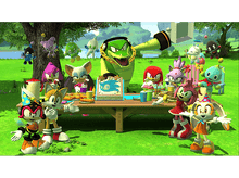 Charger l'image dans la galerie, Personnages de Sonic lors d'un pique-nique. Un gâteau est sur la table. Vector et d'autres sourient.