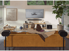 Charger l'image dans la galerie, Un homme et un enfant regardent la télévision. La pièce a un canapé, des enceintes et des plantes.