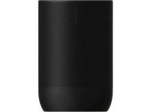Charger l'image dans la galerie, Enceinte Sonos noire sur fond noir, forme cylindrique, avec le nom de la marque affiché.