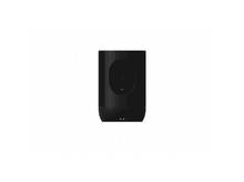 Charger l'image dans la galerie, Haut-parleur noir sur blanc, vue de face. Possède une zone encastrée avec une lumière verte.