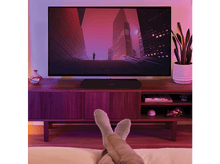 Charger l'image dans la galerie, TV sur un meuble en bois, jambes croisées. TV montre une scène de ville. Barre de son en dessous.