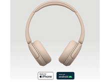 Charger l'image dans la galerie, Casque sans fil beige avec logos de compatibilité iPhone et Android.