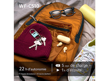 Charger l'image dans la galerie, Sac à dos avec contenu: clés, lunettes de soleil, bonnet, écouteurs. Inserts montrent batterie et temps.