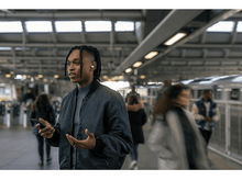 Charger l'image dans la galerie, Homme avec des écouteurs dans une gare, tenant un téléphone.