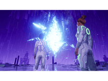 Charger l'image dans la galerie, Deux personnages en costumes futuristes face à une source d'énergie brillante.