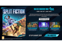 Charger l'image dans la galerie, Publicité du jeu : Split Fiction, avec deux personnages et du texte sur les amis et la précommande.