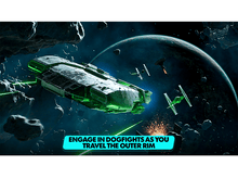 Charger l'image dans la galerie, Scène de science-fiction d'un vaisseau spatial en combat aérien, avec le texte 'Engage in dogfights'.