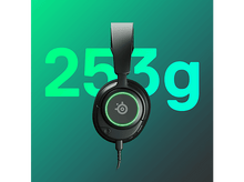 Charger l'image dans la galerie, Casque noir, avec un logo vert illuminé. Fond vert foncé avec le texte "253g".