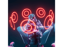 Charger l'image dans la galerie, Un robot futuriste assis sur une chaise avec des anneaux de néon autour de lui.