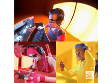 Charger l'image dans la galerie, Quatre personnages de dessins animés utilisant des écouteurs dans diverses scènes, icône Type-C.