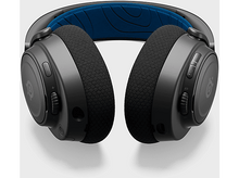 Charger l'image dans la galerie, Casque noir avec écouteurs, bandeau bleu et détails argentés. Fond blanc.