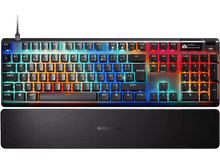 Charger l'image dans la galerie, Un clavier avec des touches multicolores. Un repose-poignet est en dessous. La marque est SteelSeries.