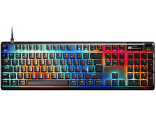 Charger l'image dans la galerie, Clavier noir avec éclairage RVB. Il a de nombreuses touches et un fil connecté.