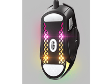 Charger l'image dans la galerie, Souris de jeu noire avec éclairage RVB en bas. Patins blancs et un petit bouton en haut.