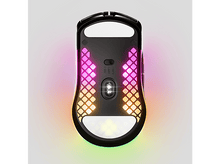 Charger l'image dans la galerie, Souris de jeu, vue de dessous, avec éclairage RVB. Boîtier noir. Fond blanc.