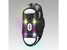 Charger l'image dans la galerie, Une souris de jeu noire, avec une grille colorée et éclairée sur le dessous.