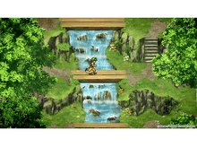 Charger l'image dans la galerie, Personnage de dessin animé courant sur un pont en bois au-dessus d'une cascade.