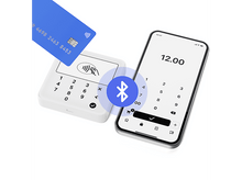 Charger l'image dans la galerie, Configuration de paiement montrant carte, terminal et téléphone avec icône Bluetooth.