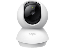 Charger l'image dans la galerie, Une caméra de sécurité blanche et noire avec un design arrondi et une lumière verte sur le dessus.