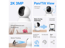 Charger l'image dans la galerie, Une caméra de sécurité blanche avec des fonctionnalités et une illustration de bébé.