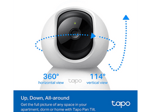 Charger l'image dans la galerie, Caméra de sécurité blanche montrant des vues à 360 et 114 degrés. Lignes de flèches bleues. Fond blanc.