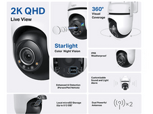 Charger l'image dans la galerie, L'image présente les fonctionnalités de la caméra Tapo. Inclut 2K QHD, vision nocturne Starlight, etc.