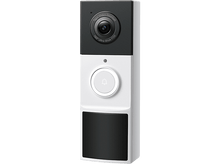 Charger l'image dans la galerie, Une sonnette vidéo blanche et noire avec objectif de caméra et bouton de sonnette. Fond noir.