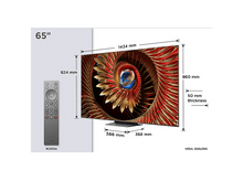 Charger l'image dans la galerie, Téléviseur de 65 pouces avec dimensions et télécommande. L'écran affiche un motif en spirale.