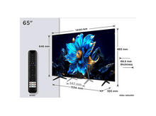 Charger l'image dans la galerie, TV avec image de fleur et télécommande. Dimensions et télécommande avec mesures et caractéristiques.