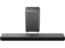 Charger l'image dans la galerie, Un ensemble barre de son et caisson de basses noir. La barre de son est longue et rectangulaire.