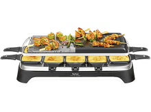 Charger l'image dans la galerie, Un appareil à raclette avec une pierre et une surface de grill, plus quatre poêles à fromage en dessous.