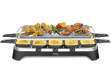 Charger l'image dans la galerie, Gril à raclette avec aliments dessus. Il y a crevettes, légumes et viande.