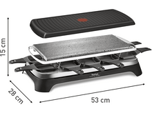 Charger l'image dans la galerie, Gril à raclette avec dimensions indiquées. Il a une base noire et une surface de cuisson en pierre.