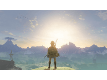 Charger l'image dans la galerie, Un personnage se tient sur une montagne, face à un coucher de soleil. Montagnes et un volcan en arrière-plan.