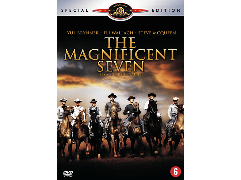 Couverture DVD pour 'Les Sept Mercenaires', montrant sept hommes à cheval, avec du texte et le logo MGM.