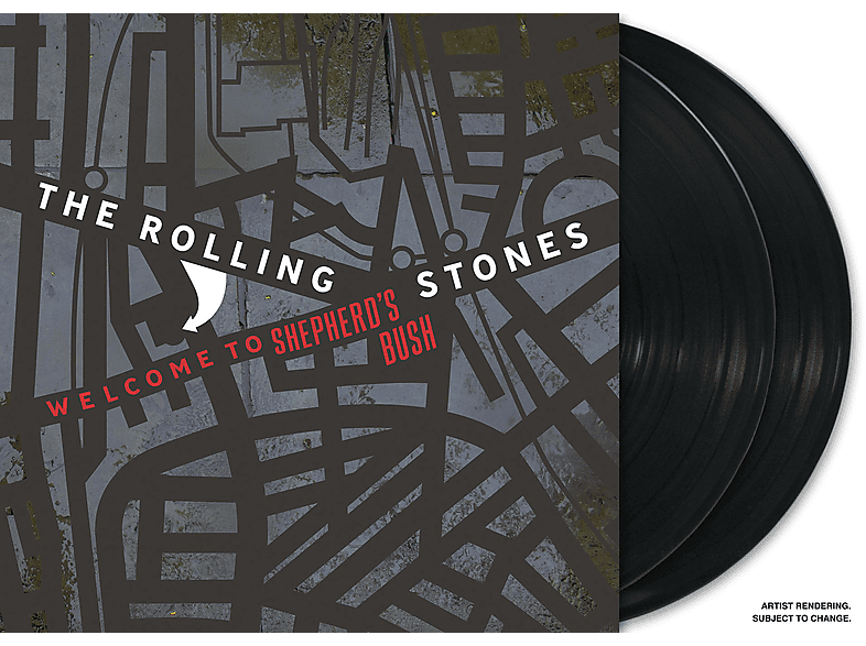Pochette d'album avec le nom du groupe "Rolling Stones" et "Welcome to Shepherd's Bush" sur fond de carte.